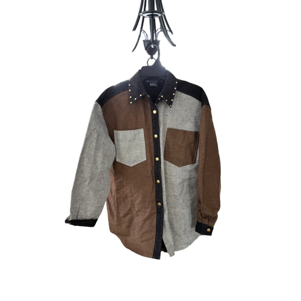 Women's I.B. Diffusion Button Down Shirt M Brown Gray Black Studded